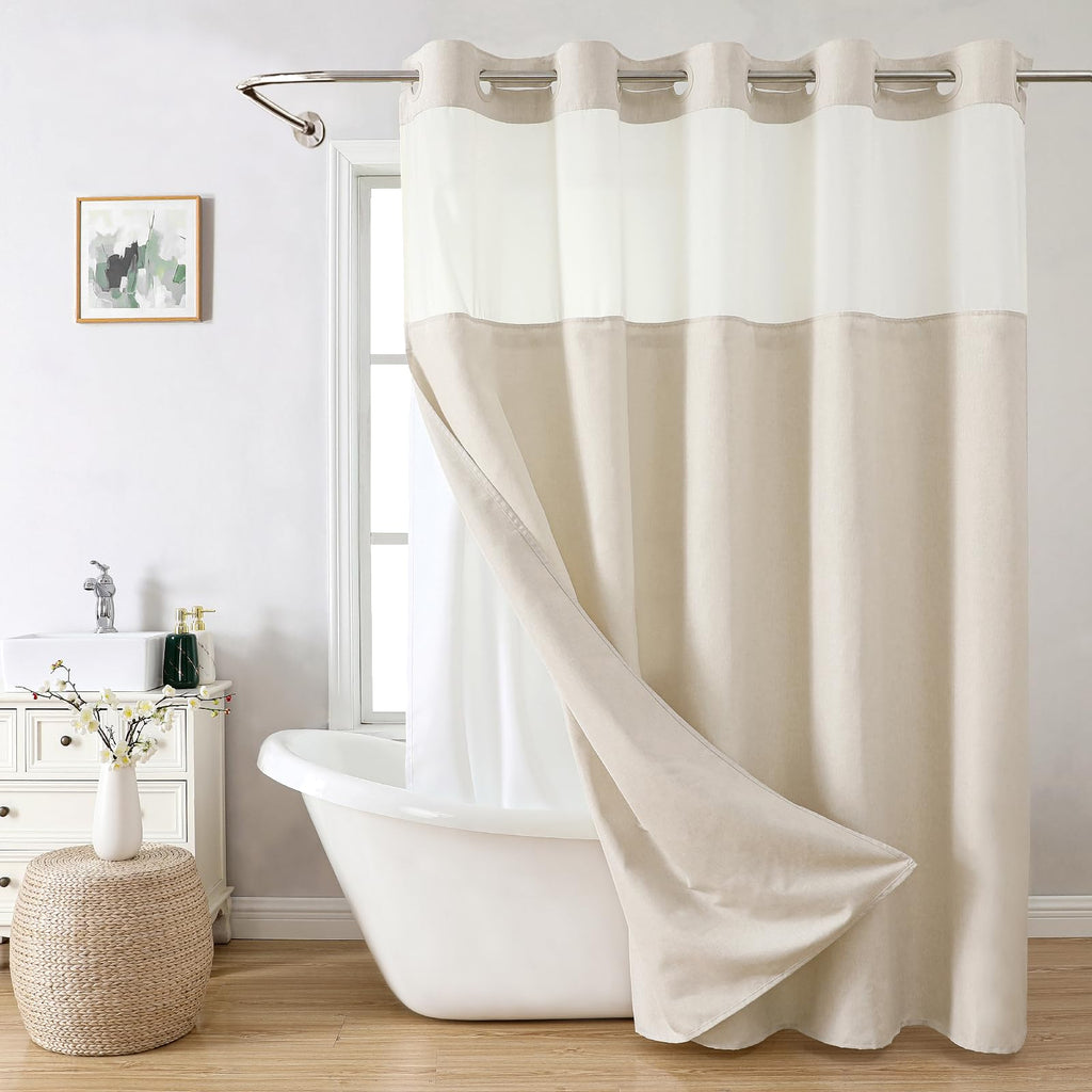 Eachope No Hooks Polyester Textured Shower Curtain with Snap-in Fabric Liner Set, Hotel Luxury Decor Shower Curtains for Bathroom with See Through Top Window, Waterproof & Washable, 71Wx74H, Cream