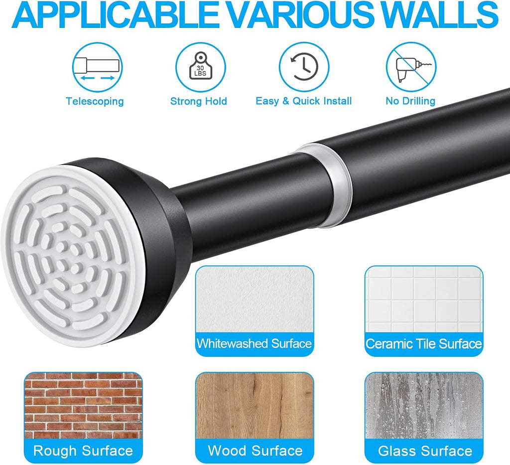 TEECK Shower Curtain Rod, 32-79 inch Adjustable Tension Spring, 1 Inch Shower Curtain Rod Tension, Anti-Slip, Rust-Proof, No Drilling, for Bathroom, Black