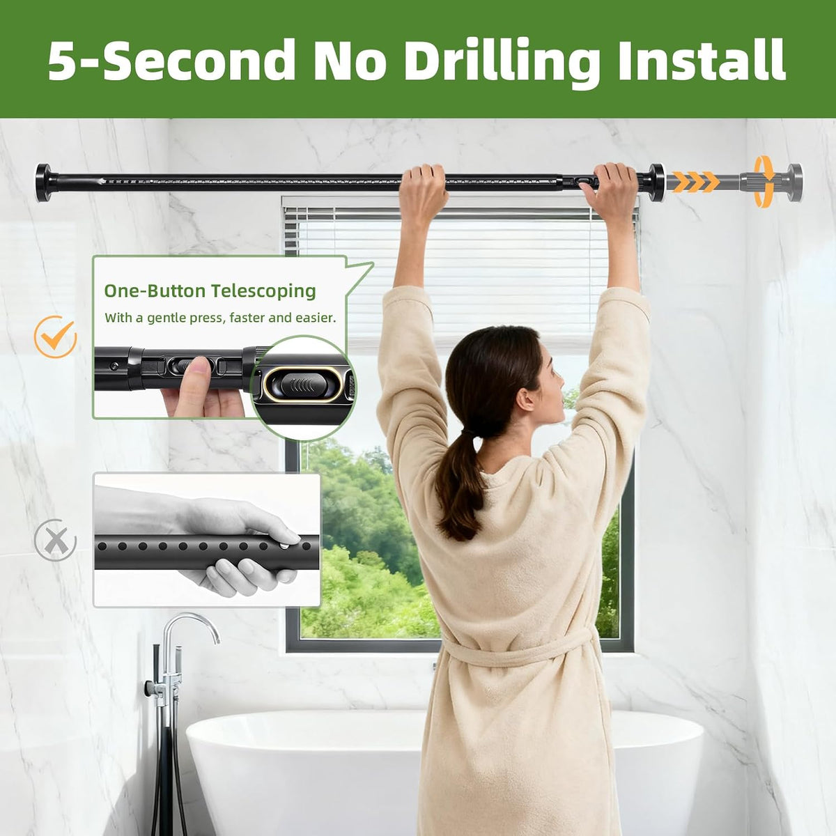 Shower Curtain Rod Tension No Drilling, Adjustable 39-122 In, Black