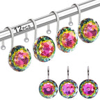 12PCS Shower Curtain Hooks Rings for Bathroom, Stainless Steel Metal Crystal Rhinestones Bling Rust Proof Shower Curtain Rings Hangers for Shower Curtain Decorative, Round Heavy Duty Hooks (Clear)