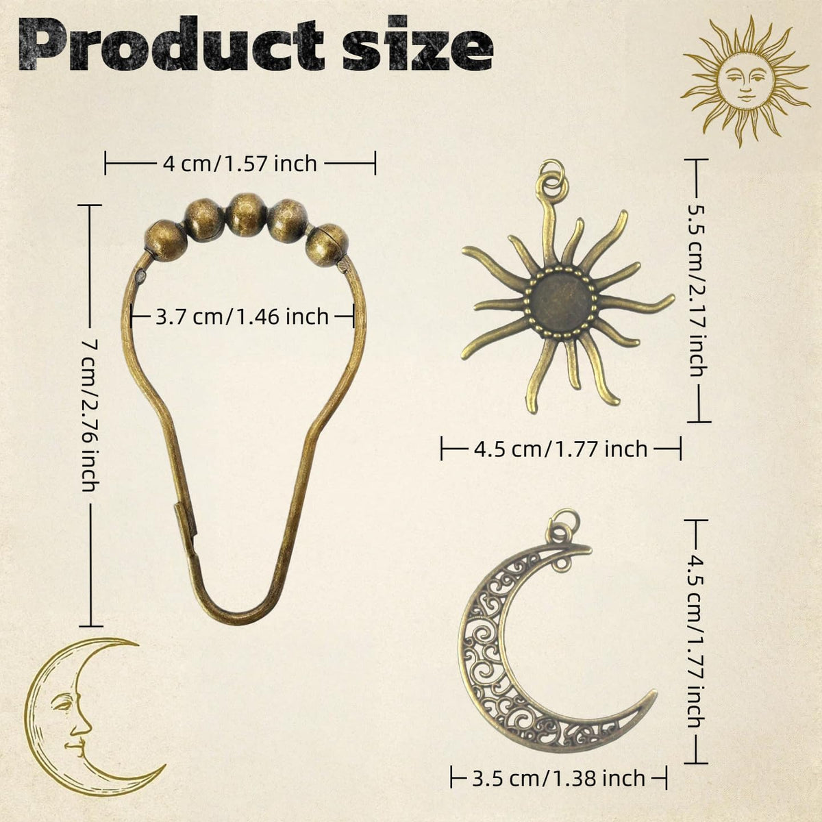 Celestial Shower Curtain Hooks 12 Pack of Sun and Moon Decor Theme Comes with a Bronze Shower Curtain Hooks for Celestial Boho Goth Witchy Shower Curtain (12)