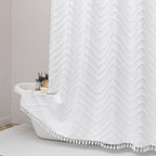 OWENIE Boho Shower Curtain, White Fabric Cloth Shower Curtains Farmhouse Tufted Chevron Striped Textured with Tassel for Bathroom, Soft Hotel Style Modern Minimalist, Machine Washable, 72x72, White