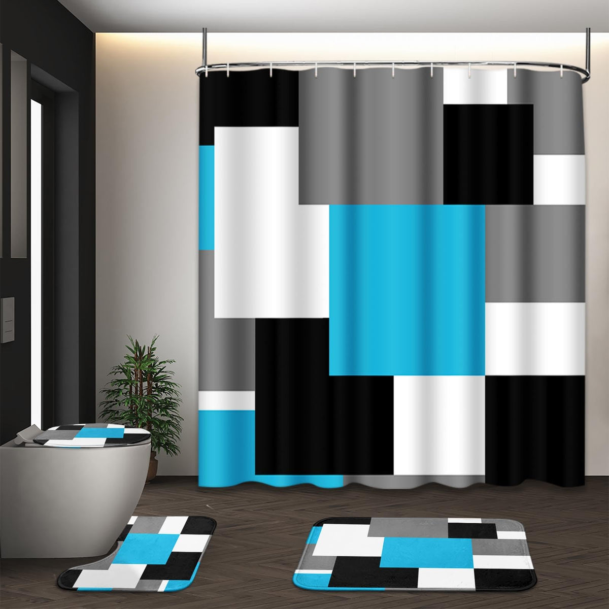 Bathroom Sets with Shower Curtain and Rugs, Set of 4, Checkered
