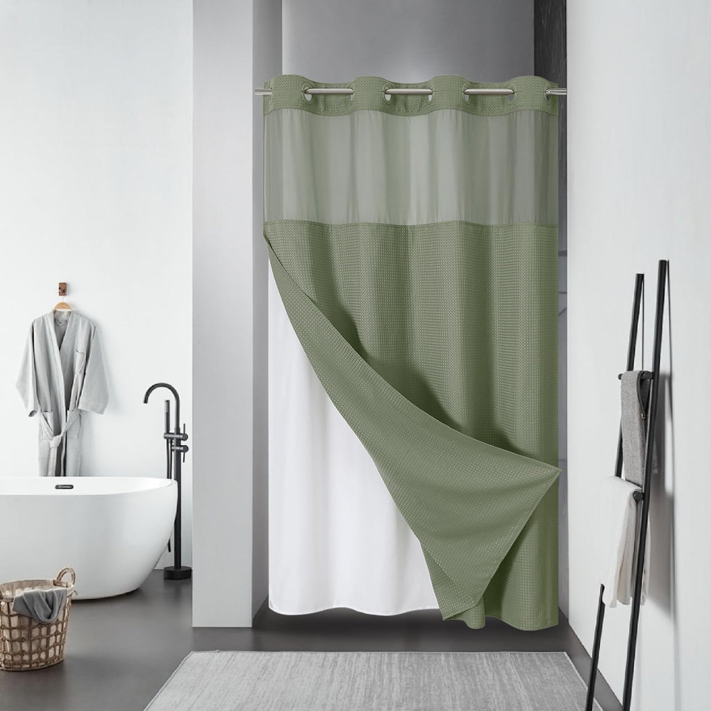 eachope No Hook Waffle Shower Curtain with Snap-in Liner, 71x74 Inch, White