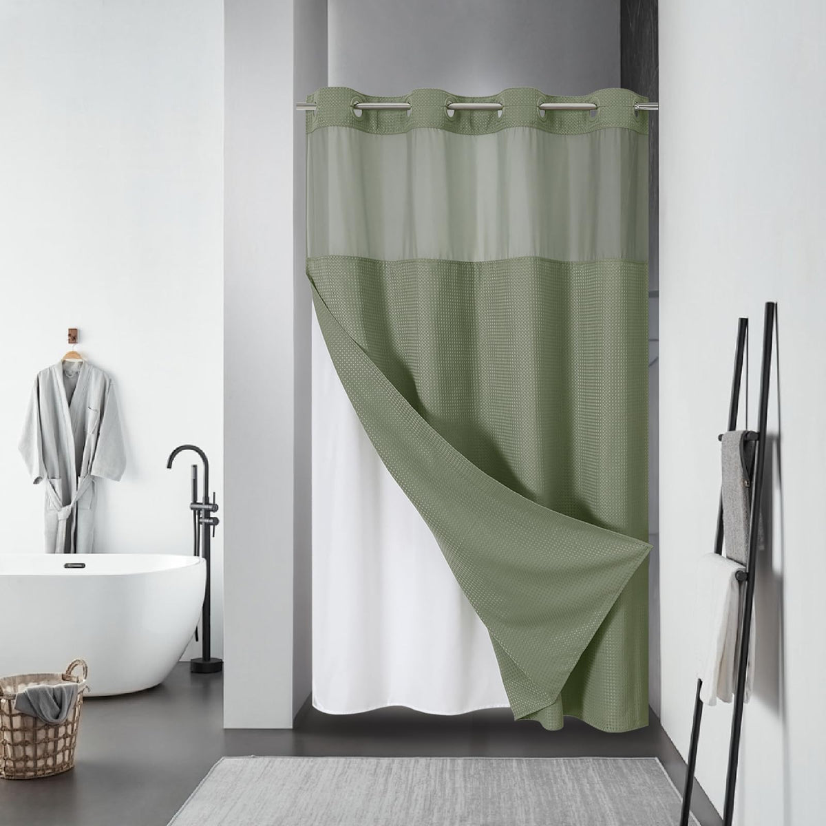 eachope No Hook Waffle Shower Curtain with Snap-in Liner, 71x74 Inch, White
