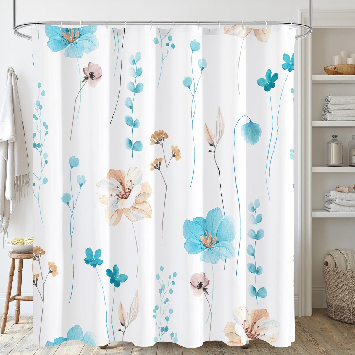 Gibelle Blue Yellow Watercolor Floral Fabric Shower Curtain, 72x72