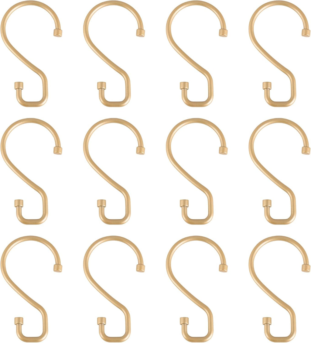 Bath Bliss 12 Pack S-Hook Shower Curtain Rings | Bathroom | Metal S Shaped Hooks | Easy Glide | Easy to Install | Hang Mugs, Pans, Towels | Satin Gold