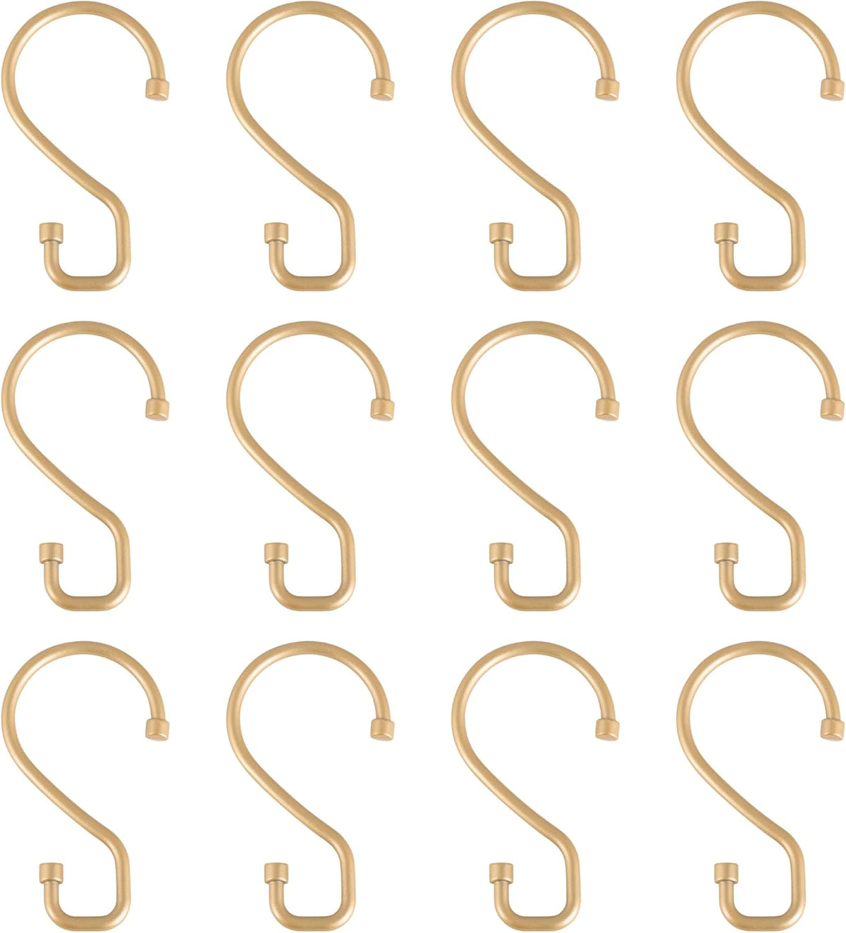 Bath Bliss 12 Pack S-Hook Shower Curtain Rings | Bathroom | Metal S Shaped Hooks | Easy Glide | Easy to Install | Hang Mugs, Pans, Towels | Satin Gold