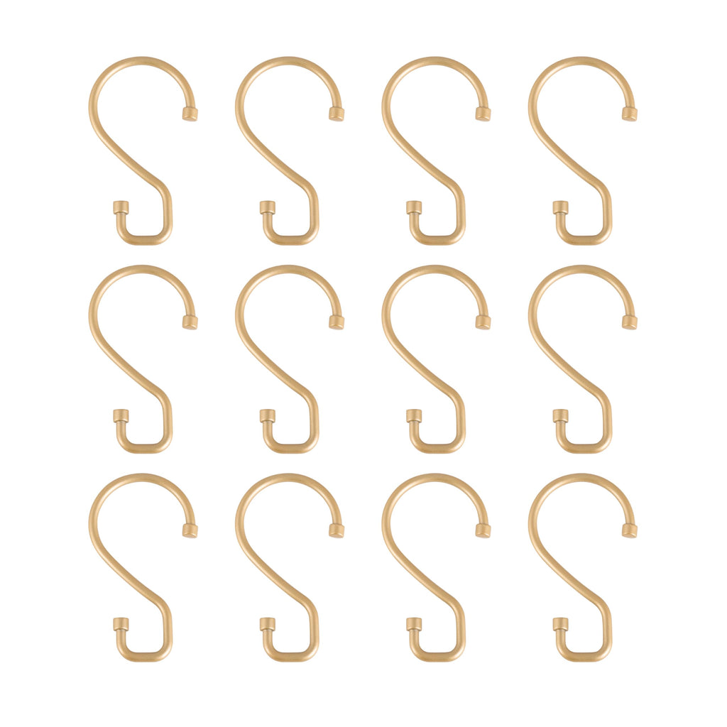 Bath Bliss 12 Pack S-Hook Shower Curtain Rings | Bathroom | Metal S Shaped Hooks | Easy Glide | Easy to Install | Hang Mugs, Pans, Towels | Satin Gold