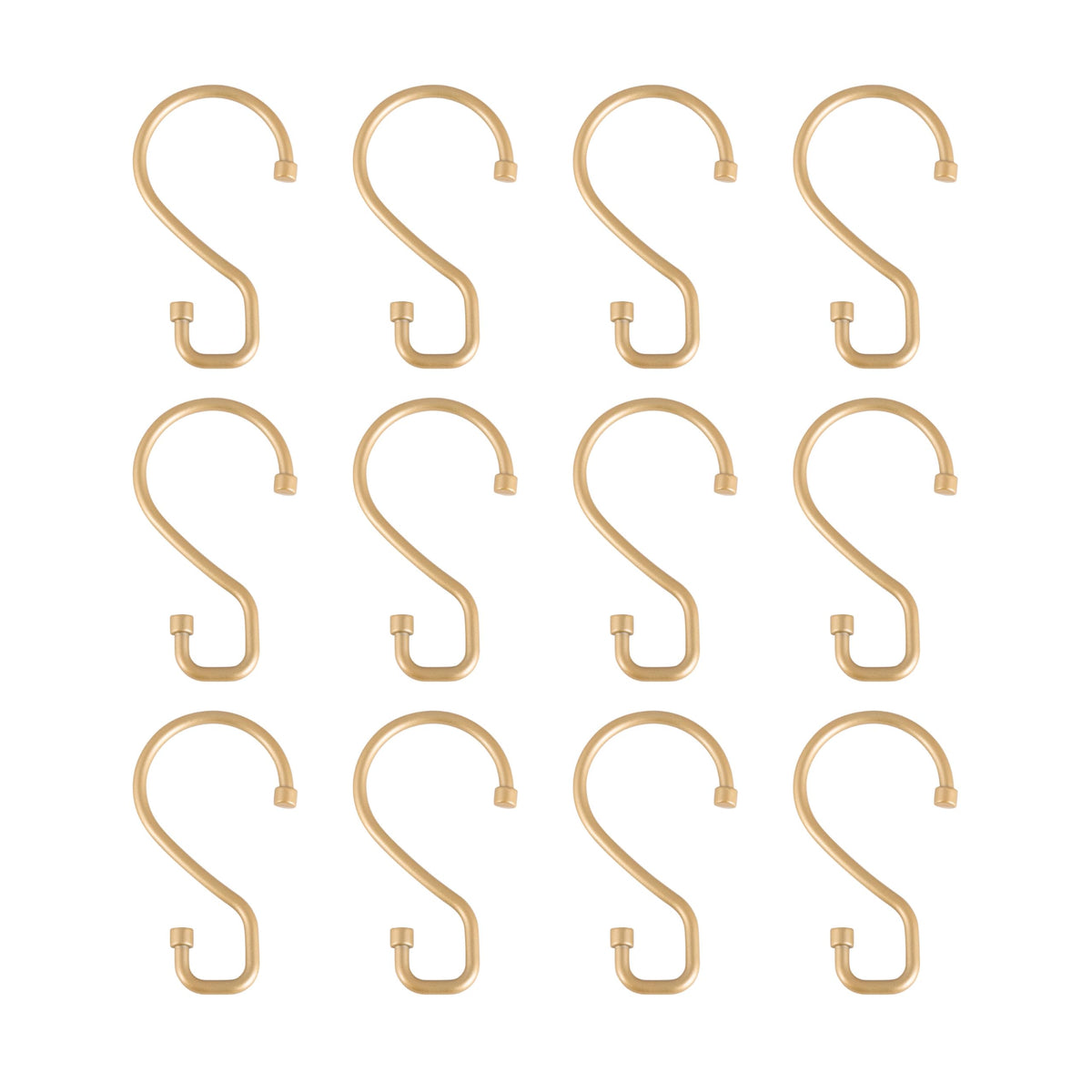Bath Bliss 12 Pack S-Hook Shower Curtain Rings | Bathroom | Metal S Shaped Hooks | Easy Glide | Easy to Install | Hang Mugs, Pans, Towels | Satin Gold