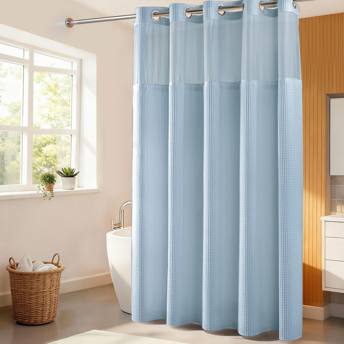 River Dream Cotton Blend Fabric Shower Curtain Set with Liner, White, 54x80