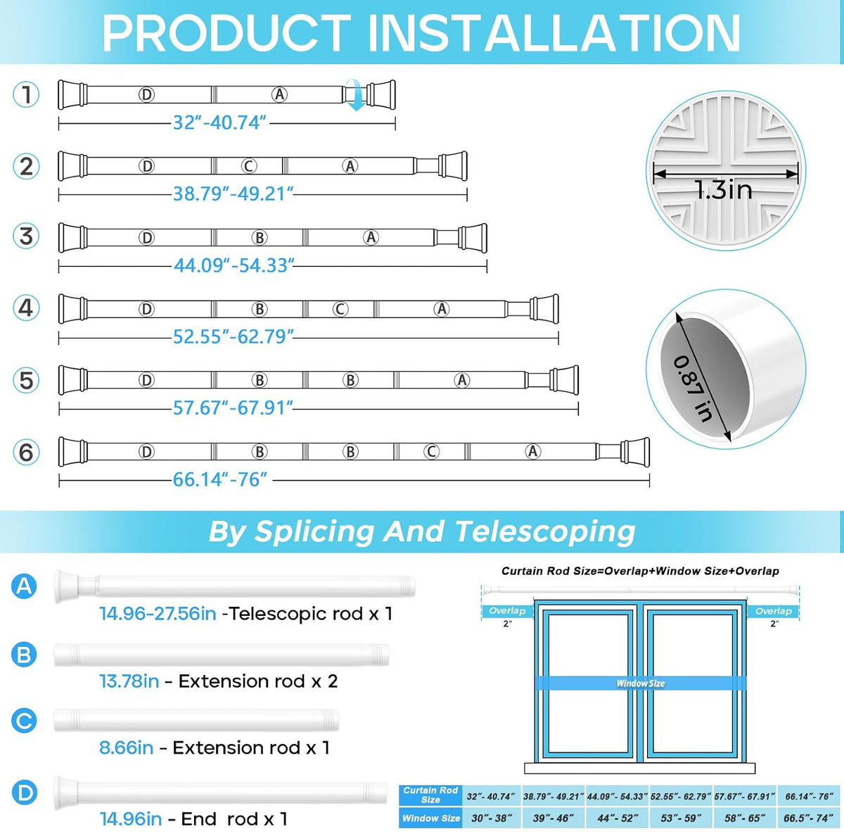 Spring Tension Curtain Rod 32-76 inch, White