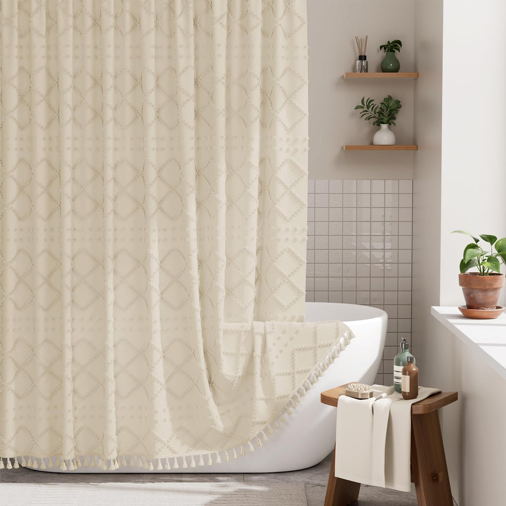 AmazerBath Boho Shower Curtain, Modern Farmhouse Shower Curtain Set with Tassels, Rustic Faux Linen Green Striped Shower Curtain with Hooks, Light Tan Toned, 72x72 Inches