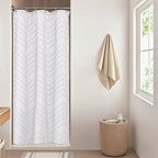 OWENIE Boho Shower Curtain, White Fabric Cloth Shower Curtains Farmhouse Tufted Chevron Striped Textured with Tassel for Bathroom, Soft Hotel Style Modern Minimalist, Machine Washable, 72x72, White