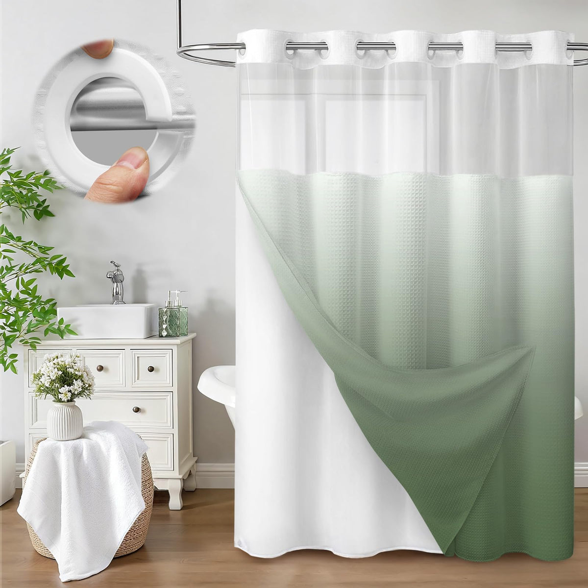 No Hook Shower Curtain with Liner Set Hotel Waffle Curtain White 72W X 75L