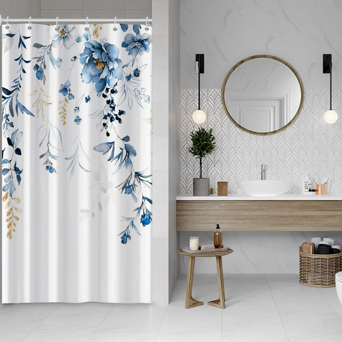 AWERT Blue Marble Shower Curtain - Waterproof for Bathroom Decor, Printed Washable With Hooks, 72x72 Inch