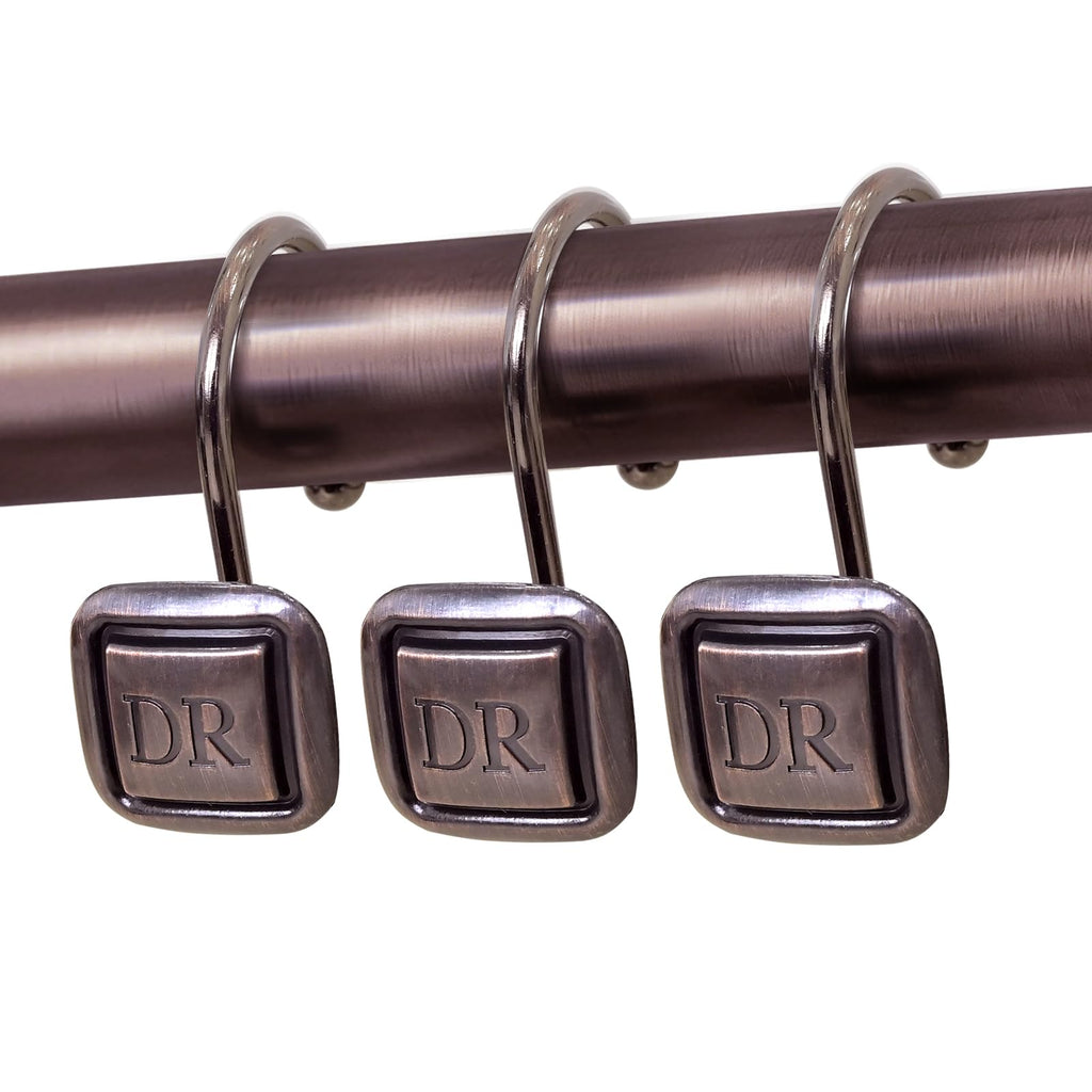 DR Monogram Shower Curtain Hooks, Set of 12, Smooth-Glide Curved Metal Hooks, Heavy-Duty Stainless Steel & Zinc Alloy, Electroplated Finish, Fits Most Standard Shower Rods (Nickel)