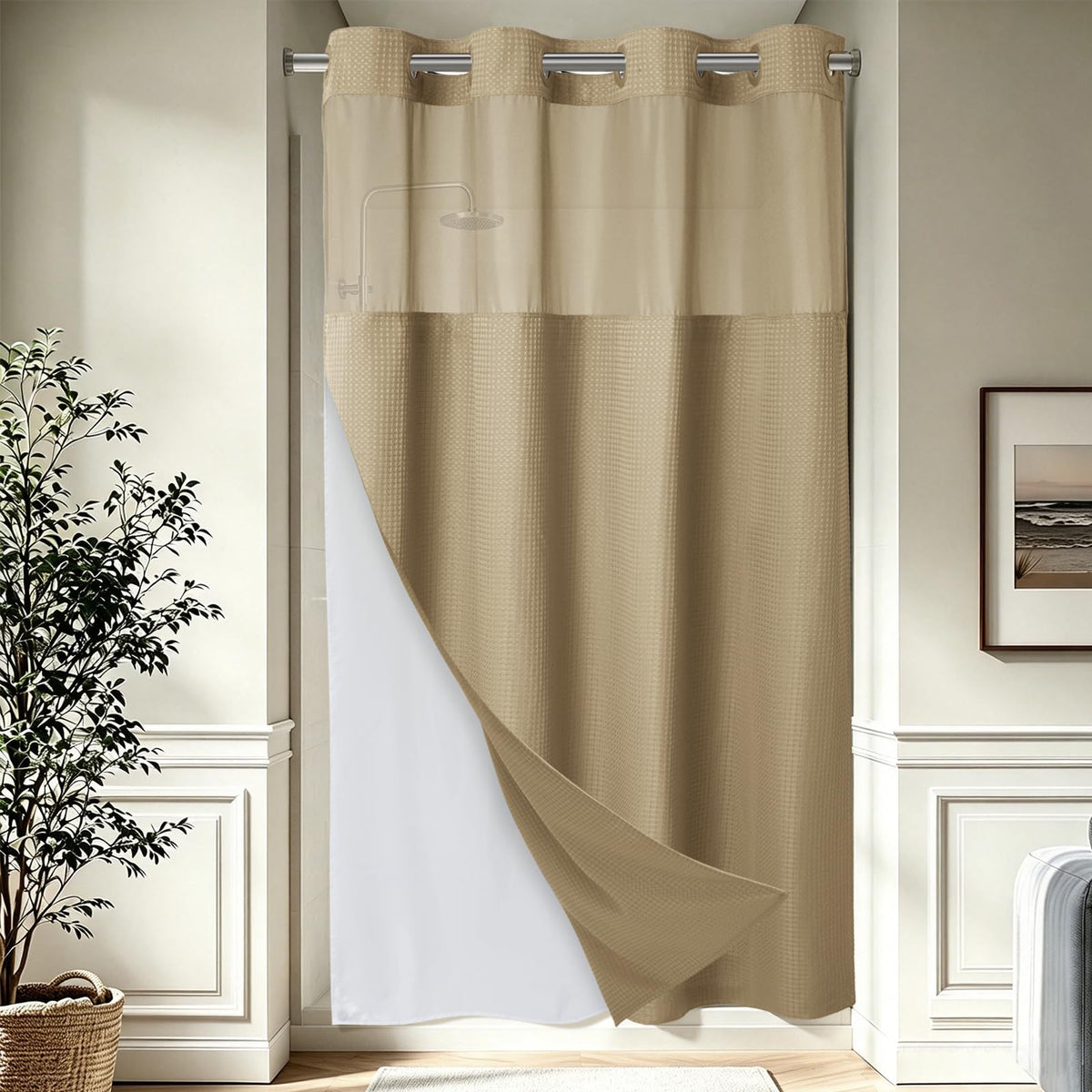 256GSM Heavyweight Ringless Waffle Shower Curtain with Liner, 71x74, White