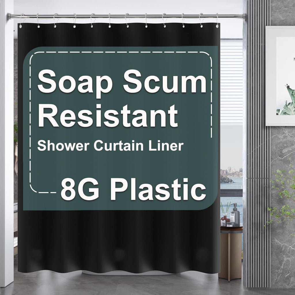 AmazerBath Black Shower Curtain Liner Plastic, Thick PEVA Shower Curtain Black, Dark Shower Liner Heavy Duty 8G, Black Bathroom Curtain Waterproof with 3 Weighted Stones and 12 Grommets, 72x72 Inches