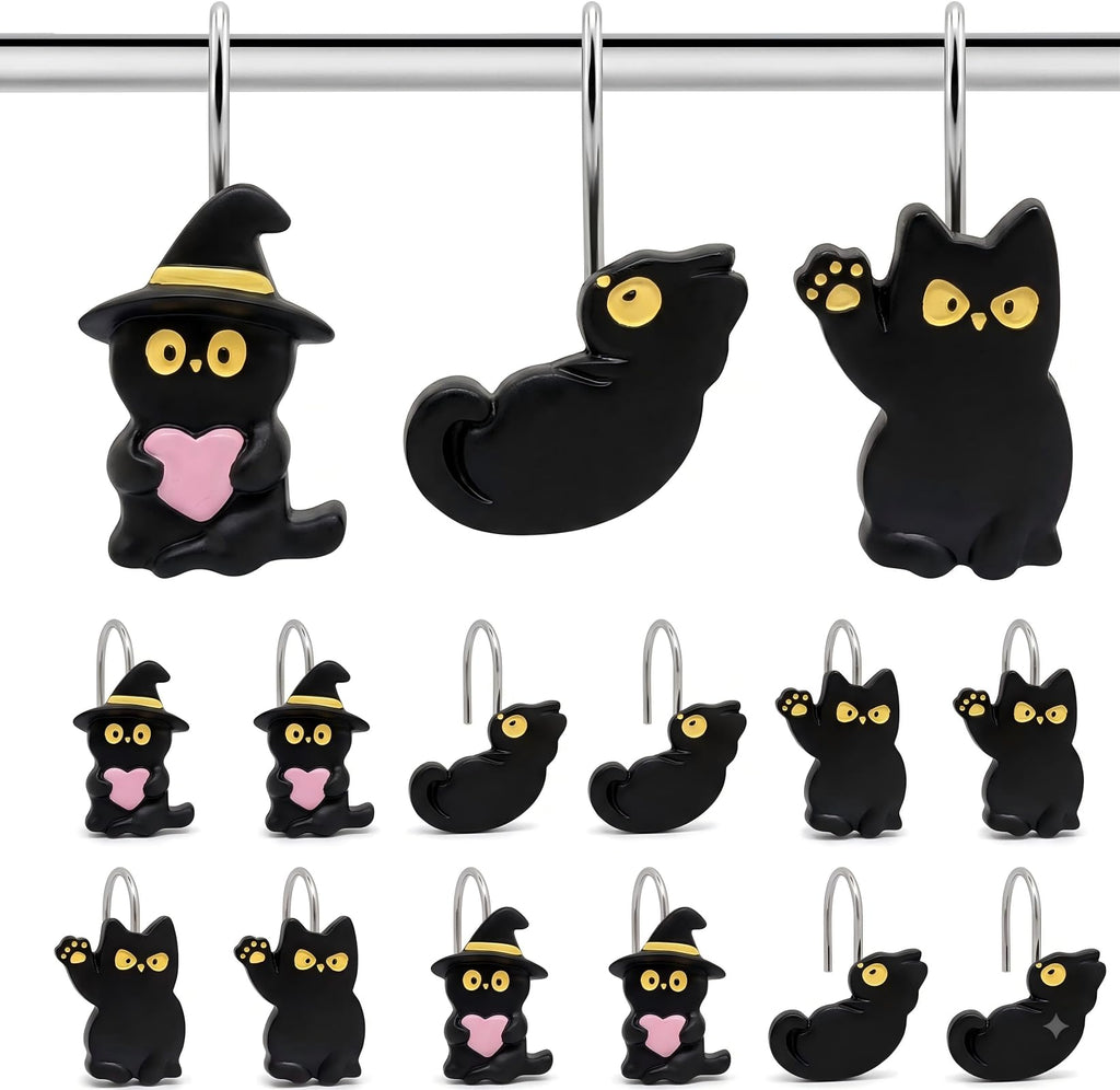 Black Cat Shower Curtain Hooks Set of 12, Decorative Resin Shower Rings