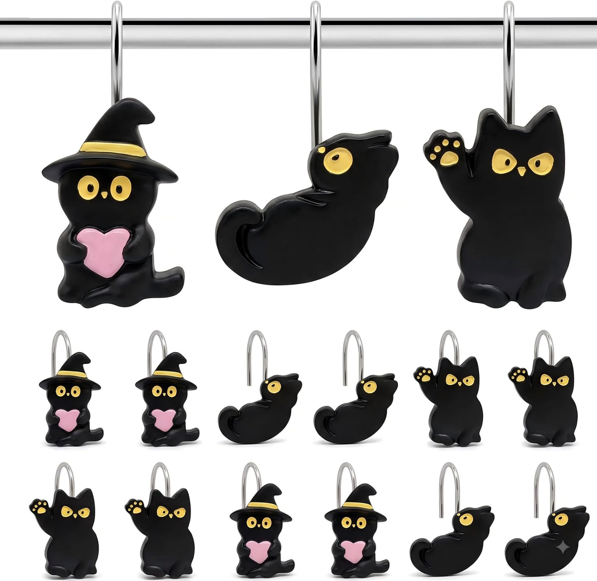 Black Cat Shower Curtain Hooks Set of 12, Decorative Resin Shower Rings