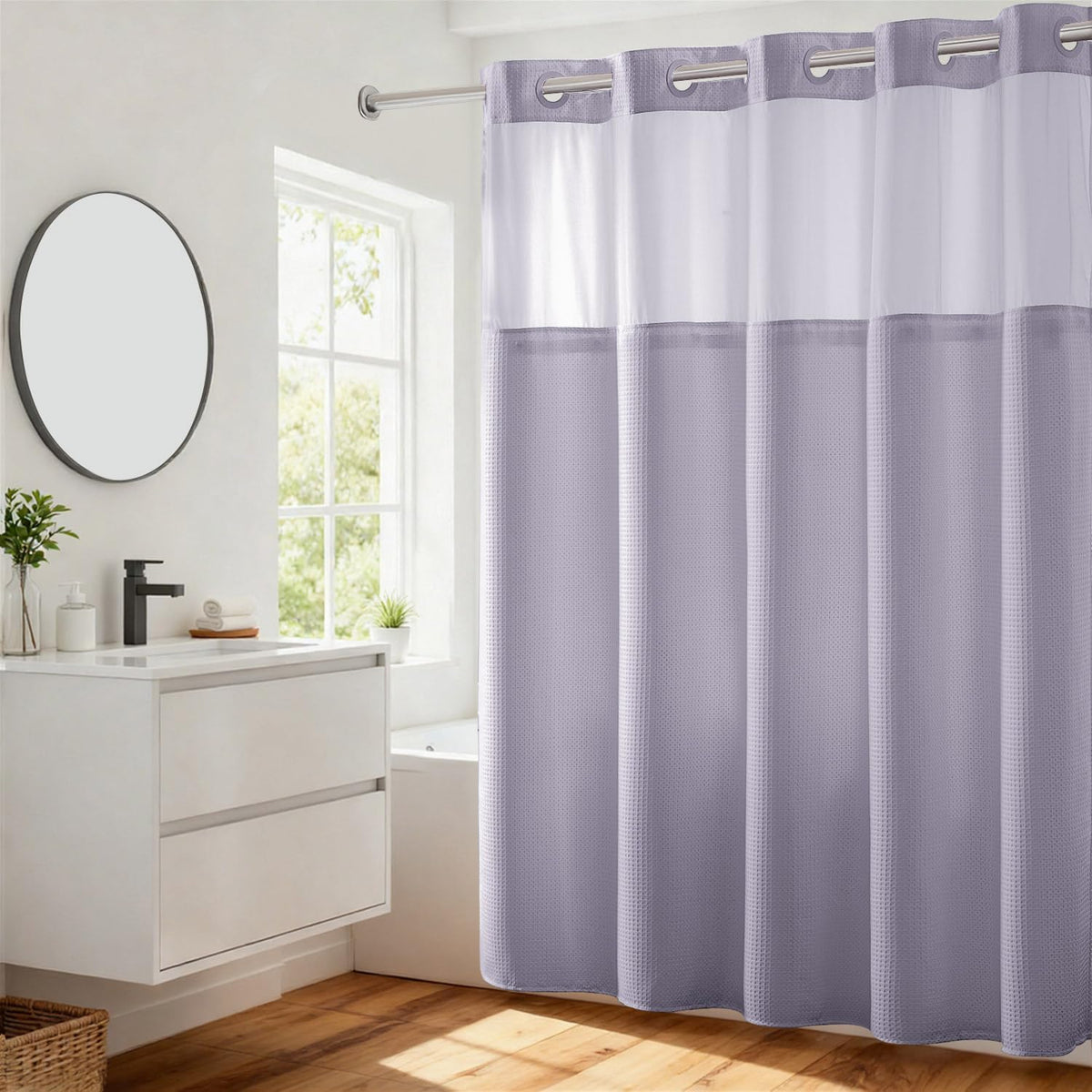 River Dream Heavyweight Waffle No Hook Shower Curtain with Liner,Gray,71x74