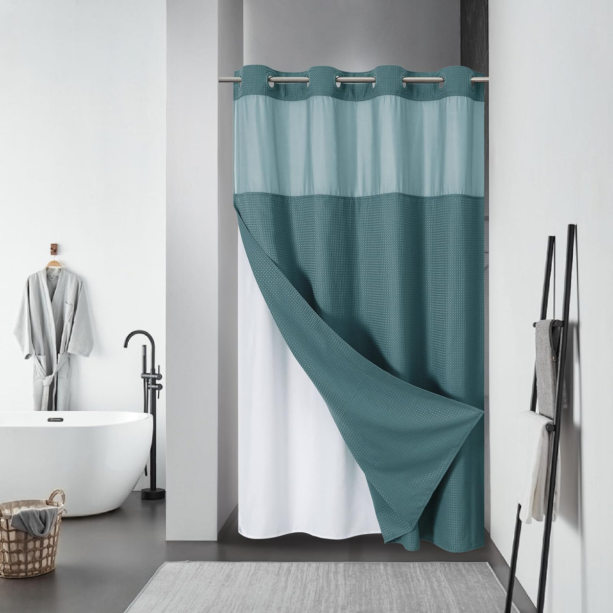 eachope No Hook Waffle Shower Curtain with Snap-in Liner, 71x74 Inch, White