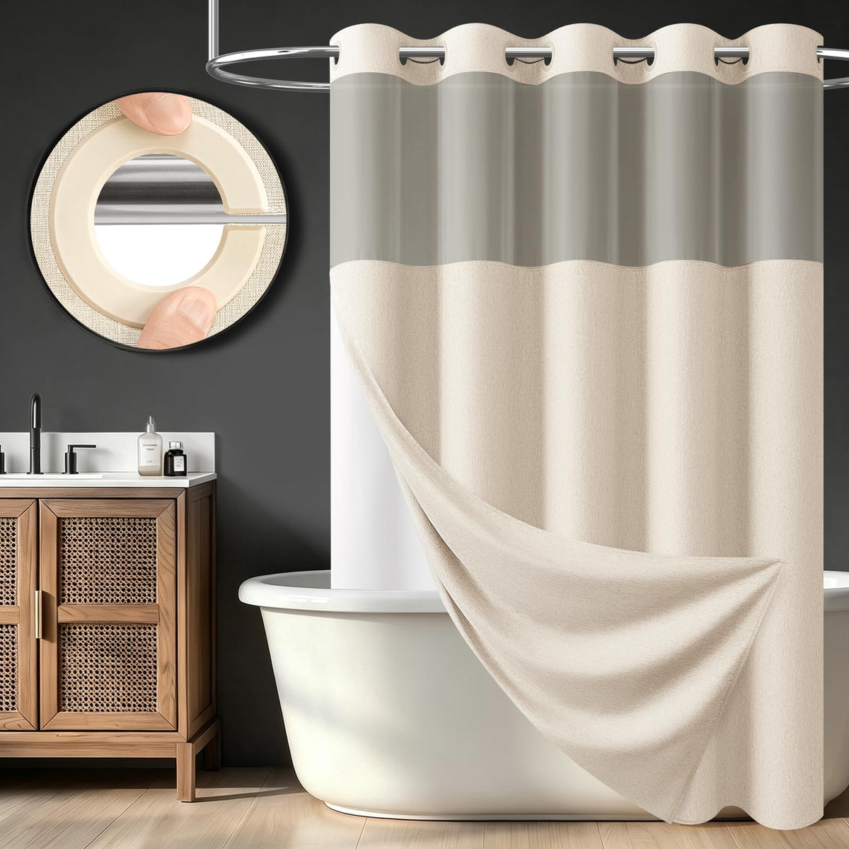 BTTN Cream Ringless Linen Textured Shower Curtain with Snap in Liner, 72x75