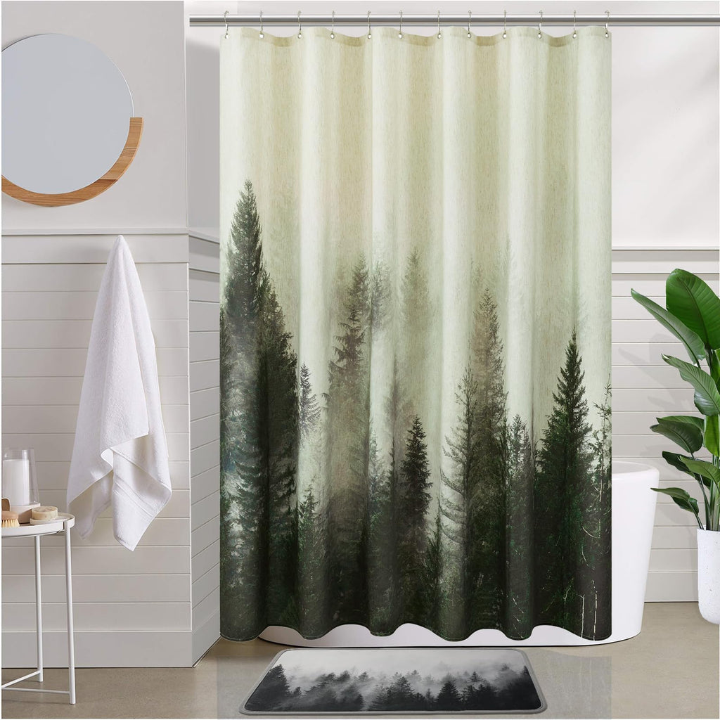 ORTIGIA Dark Green Misty Forest Shower Curtain for Bathroom, Nature Woodland Shower Curtain Set with Hooks, Decorative Pine Tree Fog Magic Bath Curtain for Home, Waterproof Fabric, Weighted, 72x72