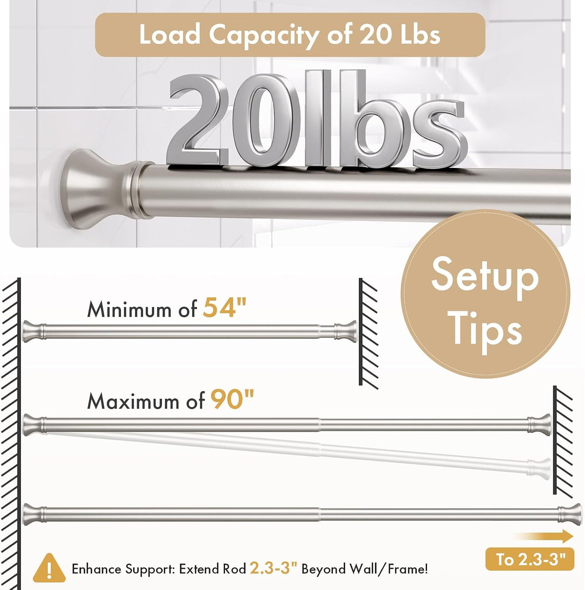 Amazer Spring Tension Shower Curtain Rod, 54-90 Inches Rust-Resistance Tension Curtain Rod Bathroom Rod, Adjustable Shower Curtain Rod No Drill, Nickel