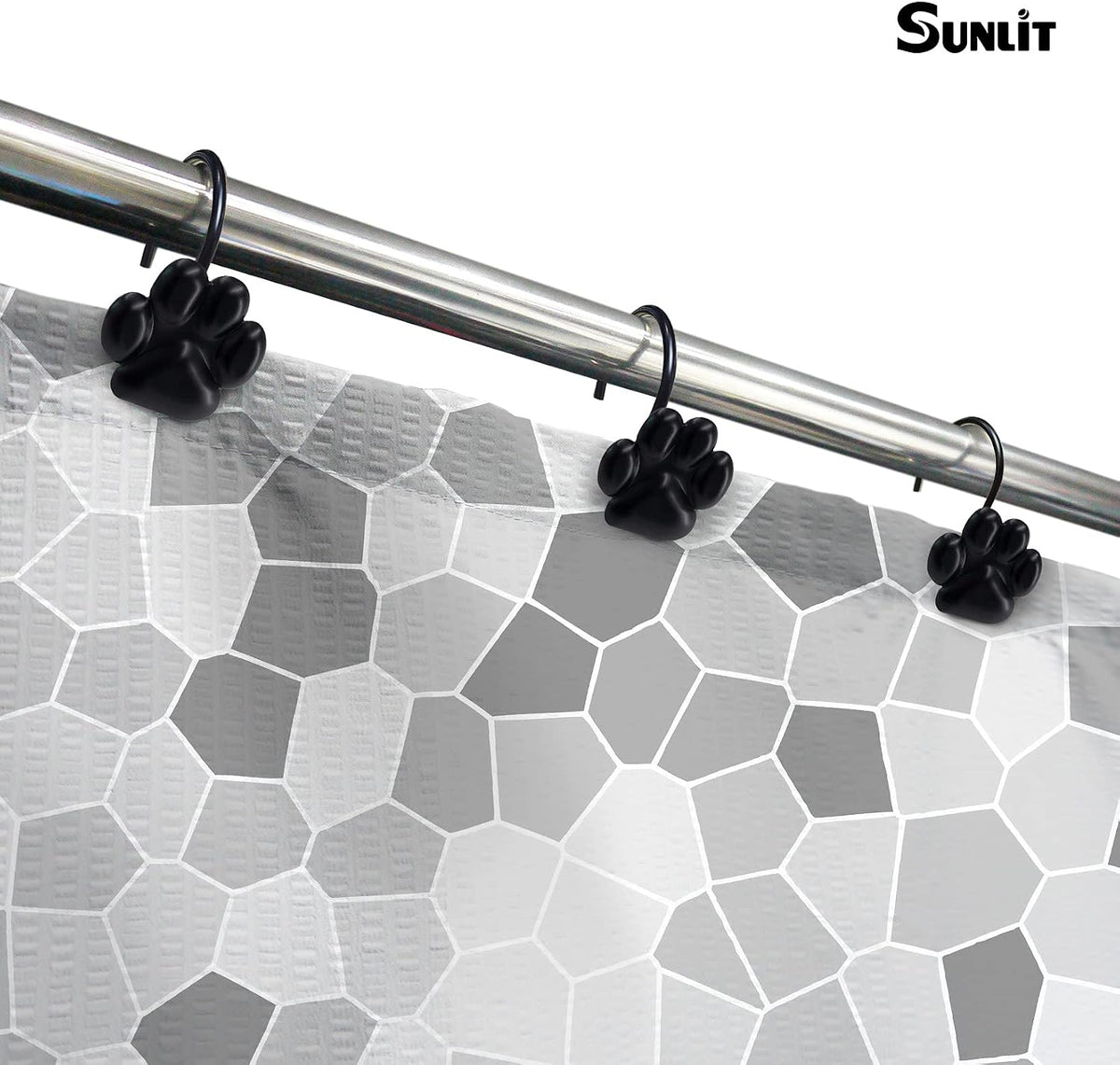 Sunlit Fashion Design Cute Paw Print Polished Shower Curtain Hooks for Dog Cat and Bear, Rust Proof Oil Metal Shower Curtain Rings, Black-12 Pack
