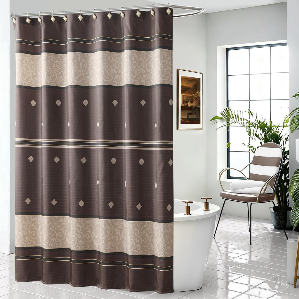 Fabric Shower Curtain, Narrow Width Beige Brown Stripe Waterproof Curtain for Tub or Stall，54" W x 72" H