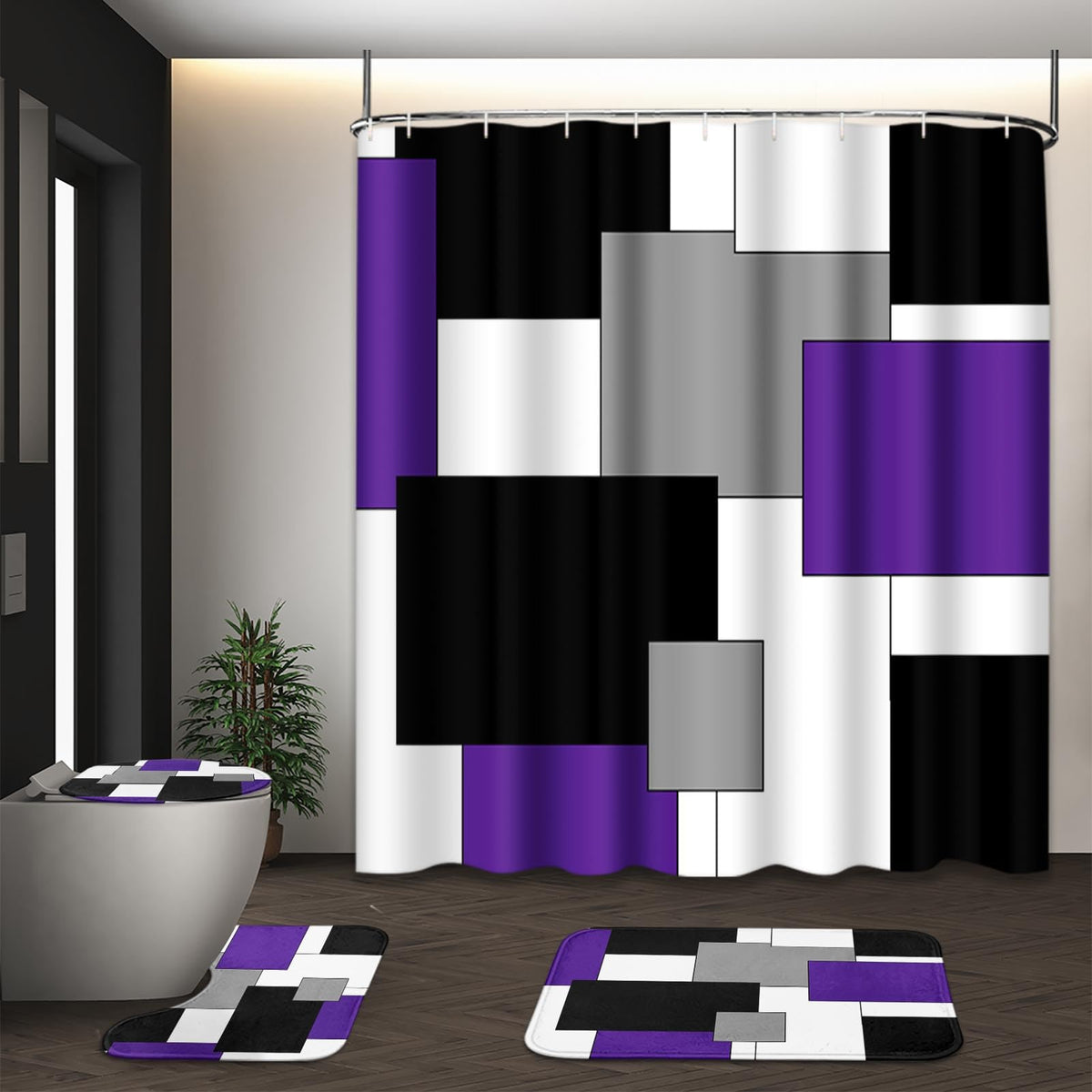 Bathroom Sets with Shower Curtain and Rugs, Set of 4, Checkered