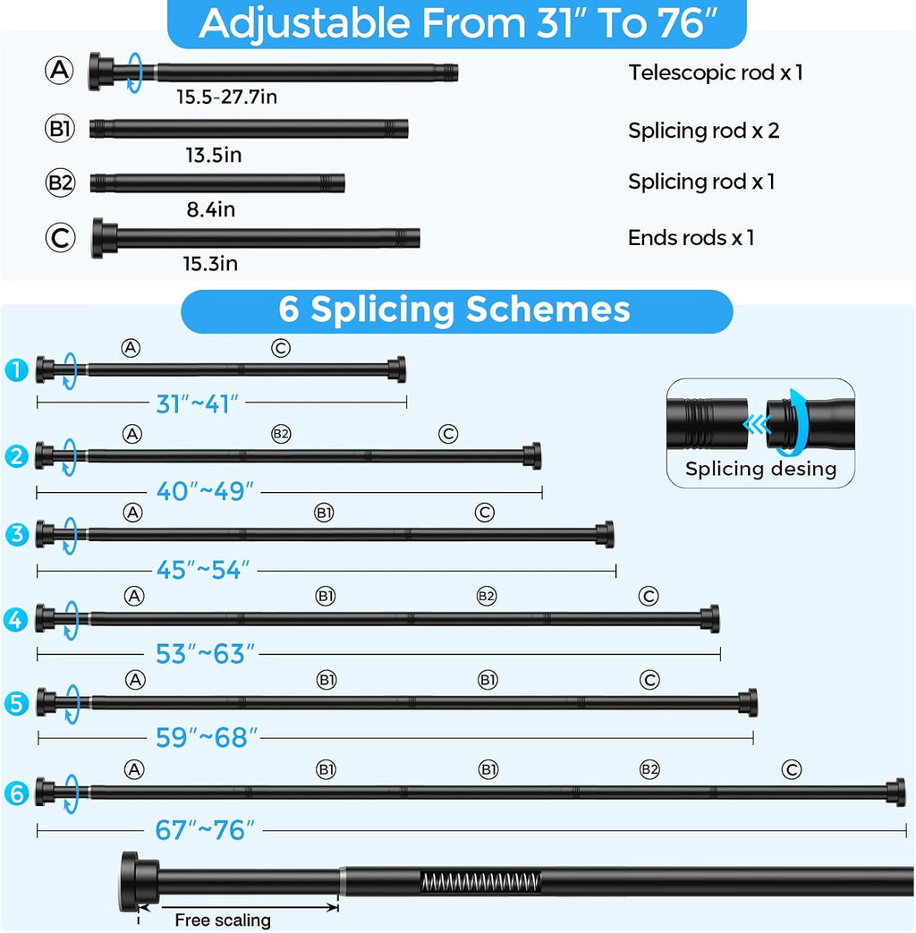 Shower Curtain Rod 31-76",Spring Tension Rod Adjustable No Drill