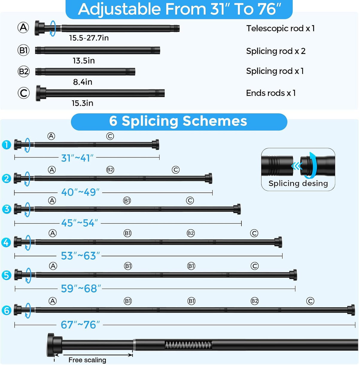 Shower Curtain Rod 31-76",Spring Tension Rod Adjustable No Drill