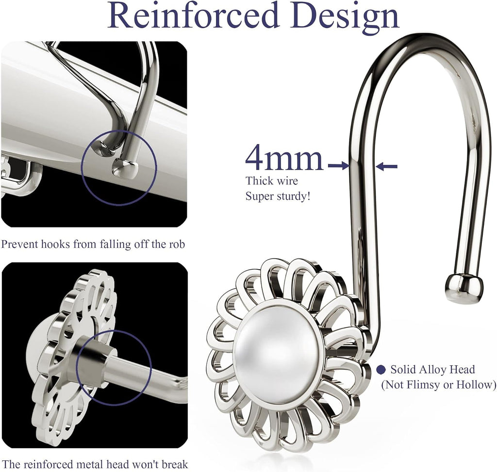 Nickel Shower Curtain Hooks Rings, Decorative Shower Curtain Hangers, Heavy Duty Metal Shower Rings, Sunflower Shower Hooks for Shower Curtain Rod and Liner, Bathroom Curtain Hooks, Set of 12
