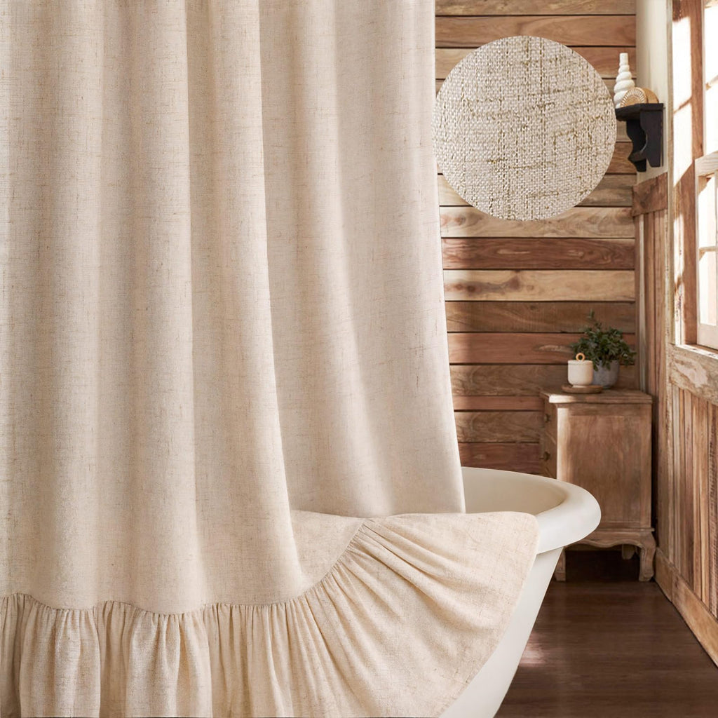 Farmhouse Shower Curtain Ruffle Linen Cream-Brown Stripe 72"W x 84"L