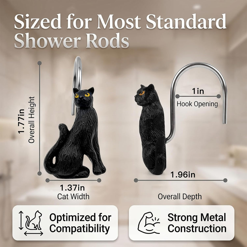 Black Cat Shower Curtain Hooks Set of 12, Decorative Resin Shower Rings
