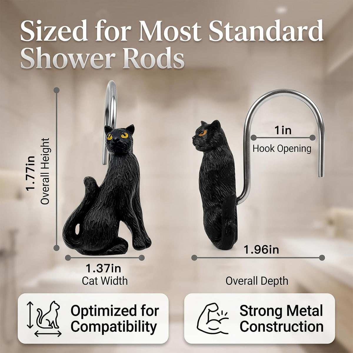 Black Cat Shower Curtain Hooks Set of 12, Decorative Resin Shower Rings