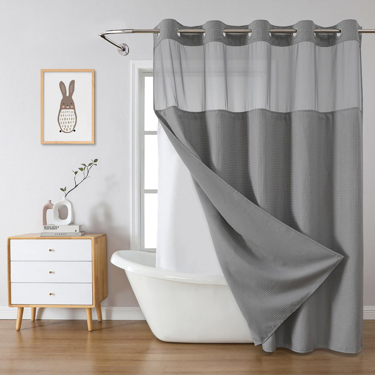 eachope No Hook Waffle Shower Curtain with Snap-in Liner, 71x74 Inch, White