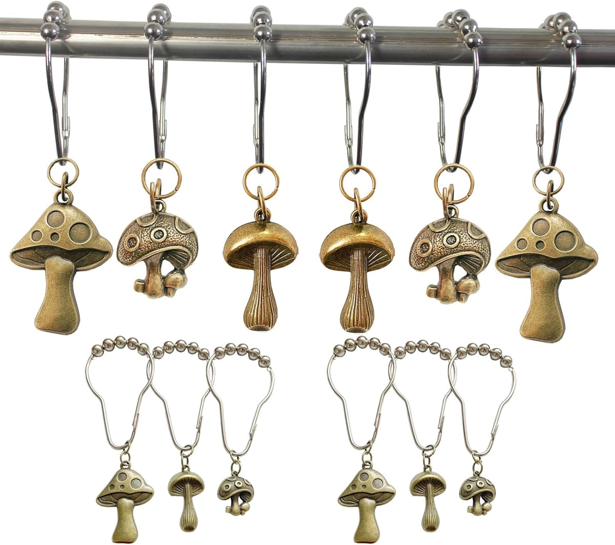 Mushroom Shower Curtain Hooks, 12Pcs Rustproof Metal Cute Retro Mushroom Shower Curtain Hooks Rings for Boho Fairy Forest Country Cottagecore Style Home Bathroom Decor (Bronze)