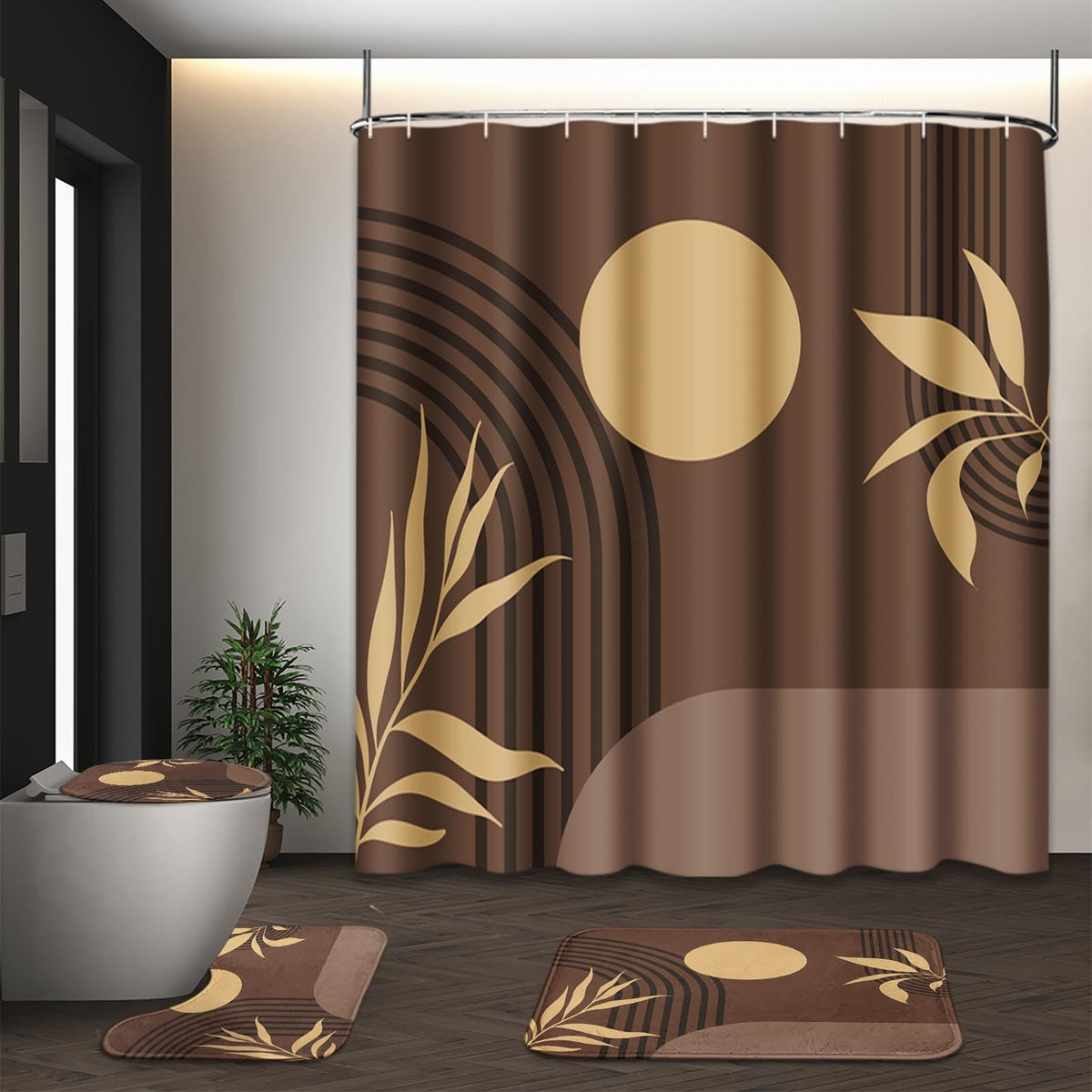 Bathroom Sets with Shower Curtain and Rugs, Set of 4 Geometric Boho