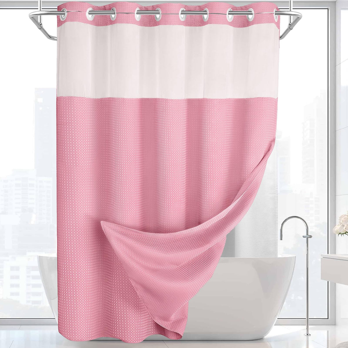 No Hook Shower Curtain with Liner Set Hotel Waffle Curtain White 72W X 75L