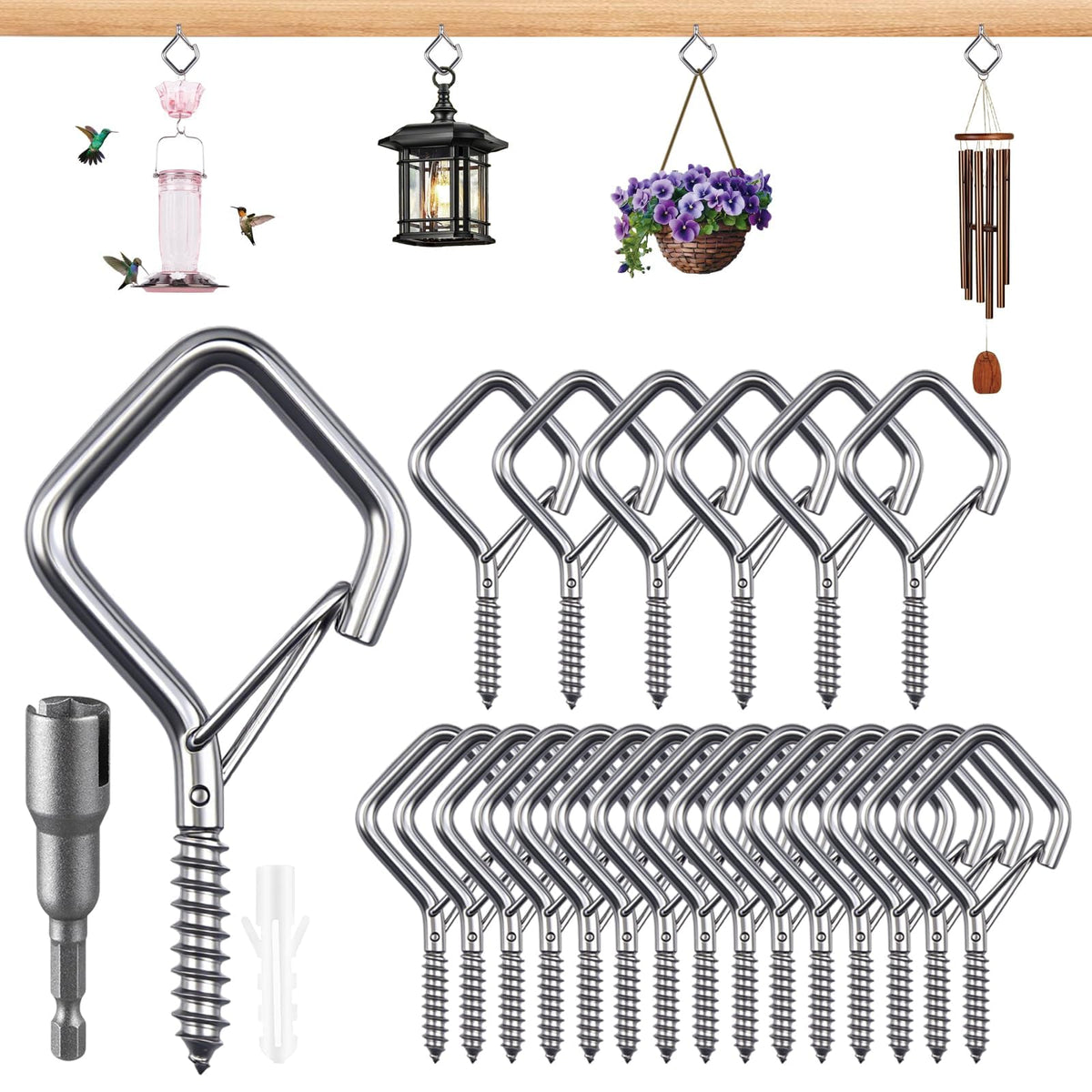 65 Pcs Stainless Steel Hooks, 2.16" Screw Hooks with Safety Buckle