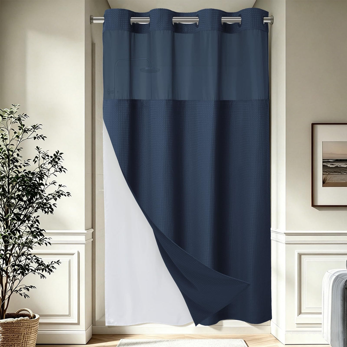 256GSM Heavyweight Ringless Waffle Shower Curtain with Liner, 71x74, White