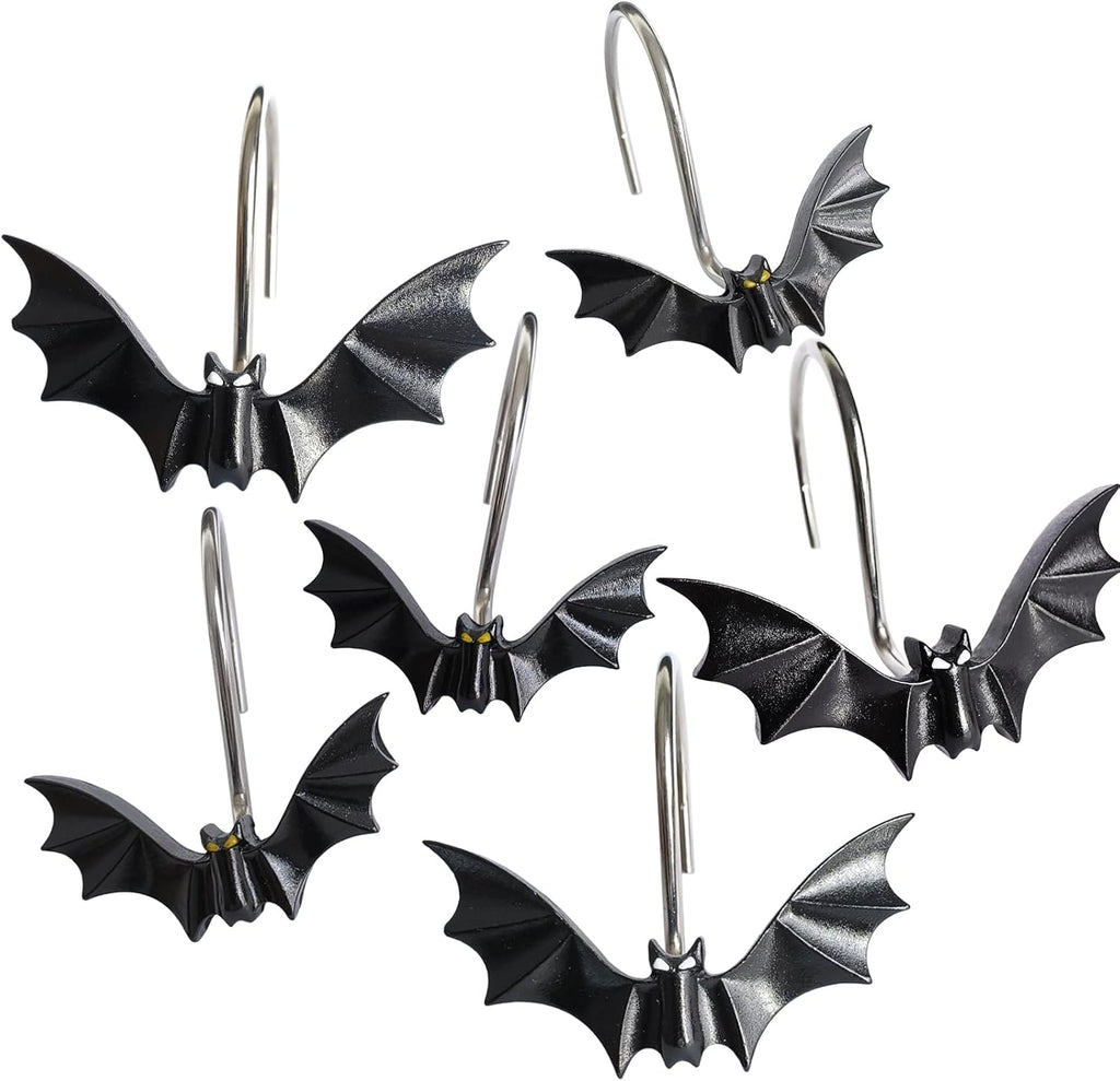 CHICTIE Halloween Shower Curtain Hooks, Cute Bat Decorative Shower Rings for Shower Curtains Rods,Set of 12 Black Shower Hooks Hangers Rust-Resistant Babys Girls Room Bathroom