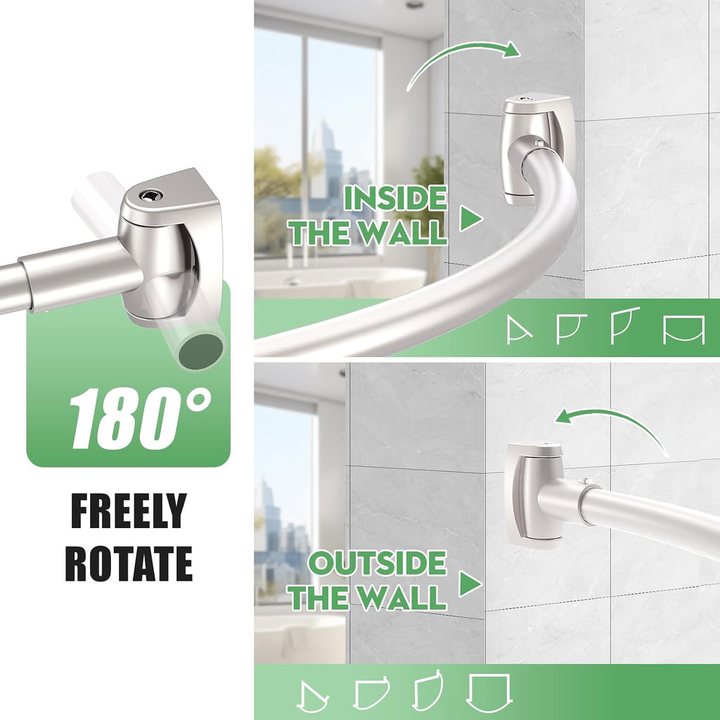 Brushed Nickel Curved Shower Curtain Rod 33-78 Inches Adjustable Splicing Design Curved Shower Rods Round Shower Curtain Rod Rust Proof Stainless Steel Curved Shower Rods For Bathroom Need to Drill