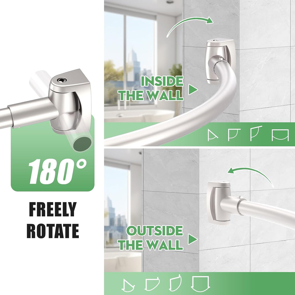 Brushed Nickel Curved Shower Curtain Rod 33-78 Inches Adjustable Splicing Design Curved Shower Rods Round Shower Curtain Rod Rust Proof Stainless Steel Curved Shower Rods For Bathroom Need to Drill
