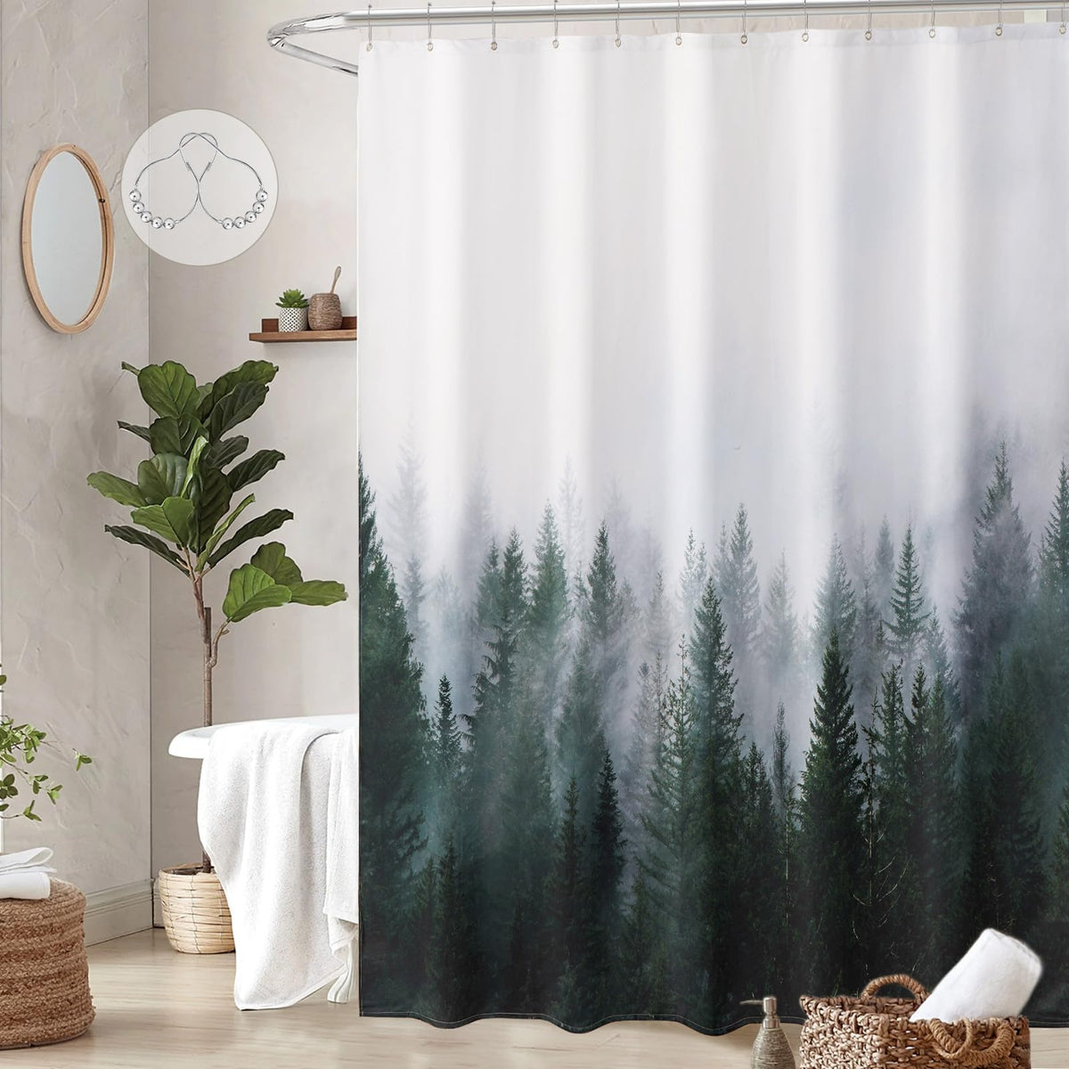 ORTIGIA Dark Green Misty Forest Shower Curtain for Bathroom, Nature Woodland Shower Curtain Set with Hooks, Decorative Pine Tree Fog Magic Bath Curtain for Home, Waterproof Fabric, Weighted, 72x72