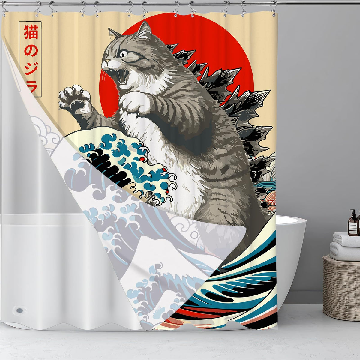 Funny Japanese Cat Funky Anime Japan Bathroom Shower Curtain, 72x72
